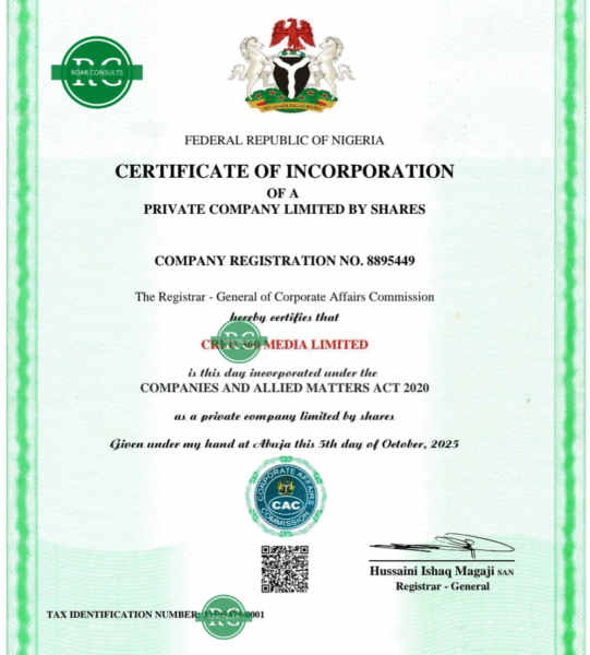 CAC Certificate of Incorporation for business name, limited company, and NGO in Nigeria
