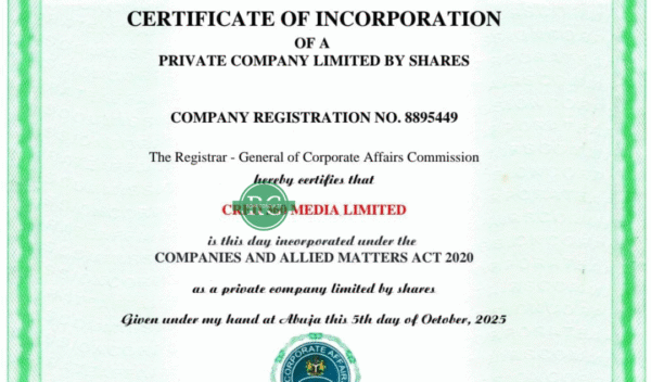 CAC Certificate of Incorporation for business name, limited company, and NGO in Nigeria