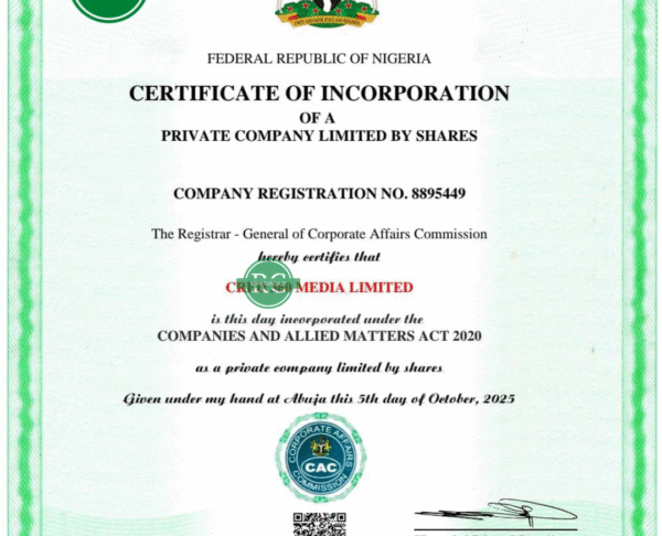 CAC Certificate of Incorporation for business name, limited company, and NGO in Nigeria