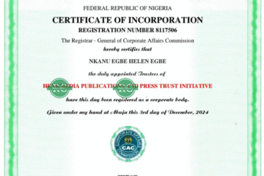 Incorporated Trustees Certificate for NGO, Union, and Association registration in Nigeria