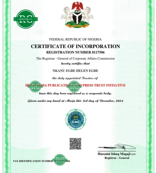 Incorporated Trustees Certificate for NGO, Union, and Association registration in Nigeria