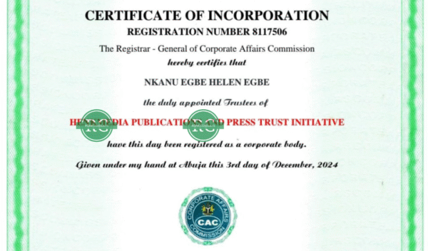 Incorporated Trustees Certificate for NGO, Union, and Association registration in Nigeria