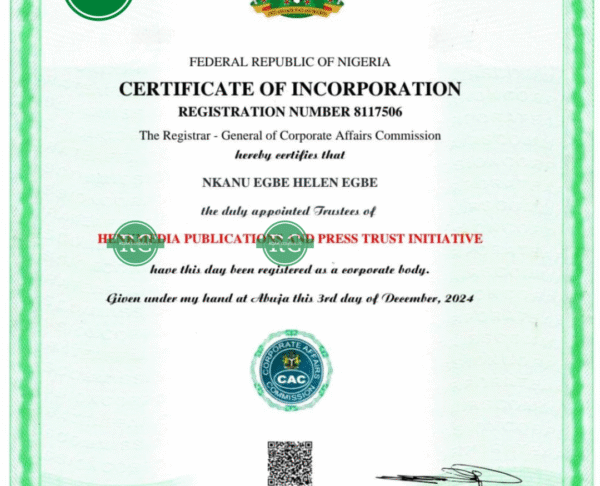 Incorporated Trustees Certificate for NGO, Union, and Association registration in Nigeria
