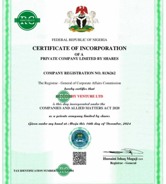 CAC Certificate of Incorporation for Business Name upgrade to Private Limited Company (LTD) in Nigeria}