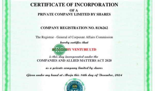 CAC Certificate of Incorporation for Business Name upgrade to Private Limited Company (LTD) in Nigeria}