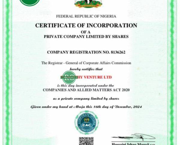 CAC Certificate of Incorporation for Business Name upgrade to Private Limited Company (LTD) in Nigeria}