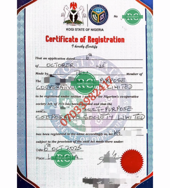 Official Certificate of Registration issued to a Cooperative Society by the State Ministry of Commerce in Nigeria