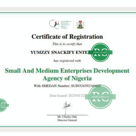 SMEDAN Certificate of Registration for a Nigerian Micro Small and Medium Enterprise (MSME)