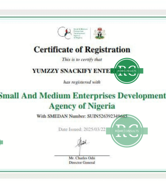 SMEDAN Certificate of Registration for a Nigerian Micro Small and Medium Enterprise (MSME)