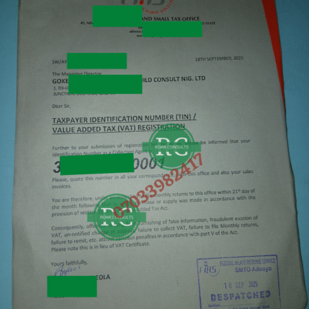 Official TaxPro-Max TIN Registration Certificate from FIRS for tax compliance in Nigeria