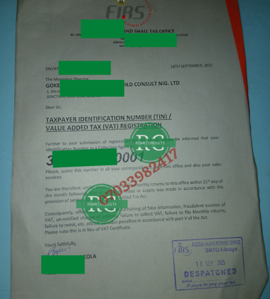 Official TaxPro-Max TIN Registration Certificate from FIRS for tax compliance in Nigeria