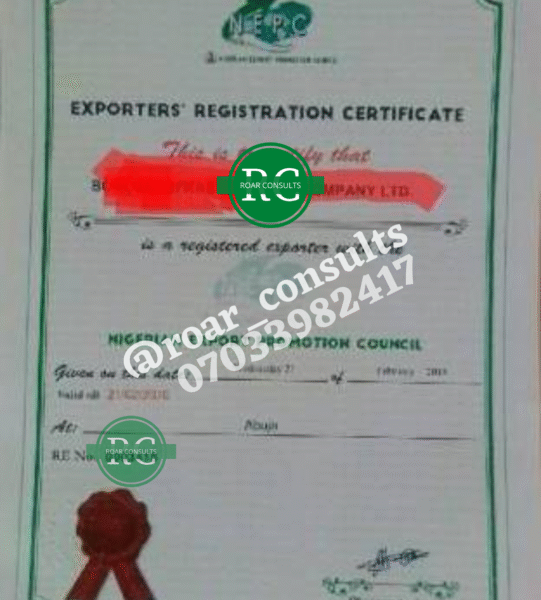 Official NEPC Export License Certificate for Nigerian companies to legally export goods and services