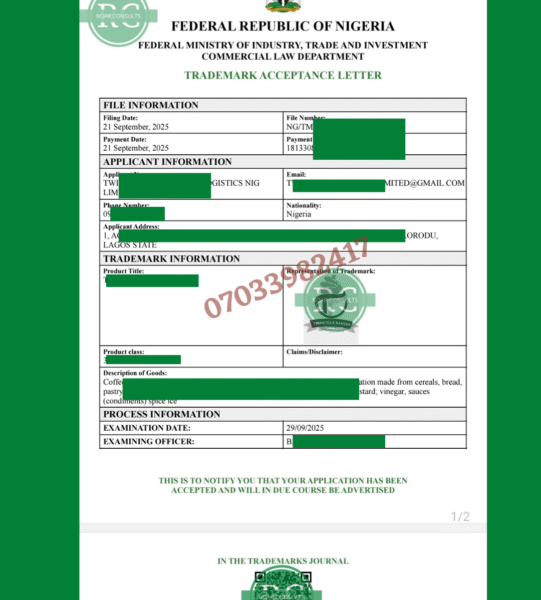 Official Trademark Acceptance Letter for successful brand registration with the Nigerian Trademarks Registry